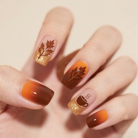 Fall Press on Nails Thanksgiving Short Square Fake Nails with Designs Orange Gradient Maple Leaf Coffee Cup Glue on Nails 24 Pcs Reusable Acrylic Nail for Women WYFHDT