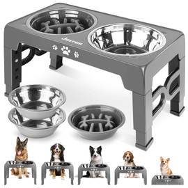 Jovrun Elevated Dog Bowls, Dog Feeder with 2 Stainless Steel Dishes &1 Slow Feeder Bowl, 5 Heights Adjustable Raised Stand for Medium Large, Food Dishes with Non-Slip Feet