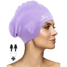 Long Hair Swim Cap for Women Men with 3D Ear Protection,Waterproof with Ear Plugs & Nose Clip (Purple)