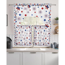 3 Pieces Swag Kitchen Curtains & Valances Set, Patriotic Freedom Stars Rod Pocket Short Window Curtain, 4th of July Memorial Day Window Treatment Tiers Decor (1 Valance 56"x36",2 Tiers 27.5"x36")