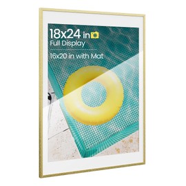 Heimlove 18x24 Aluminum Metal Frame, Gold Photo Frame 16x20 with Mat or 18x24 Without Mat for Wall Mounting, Wall Hook Hanging Hardware Included
