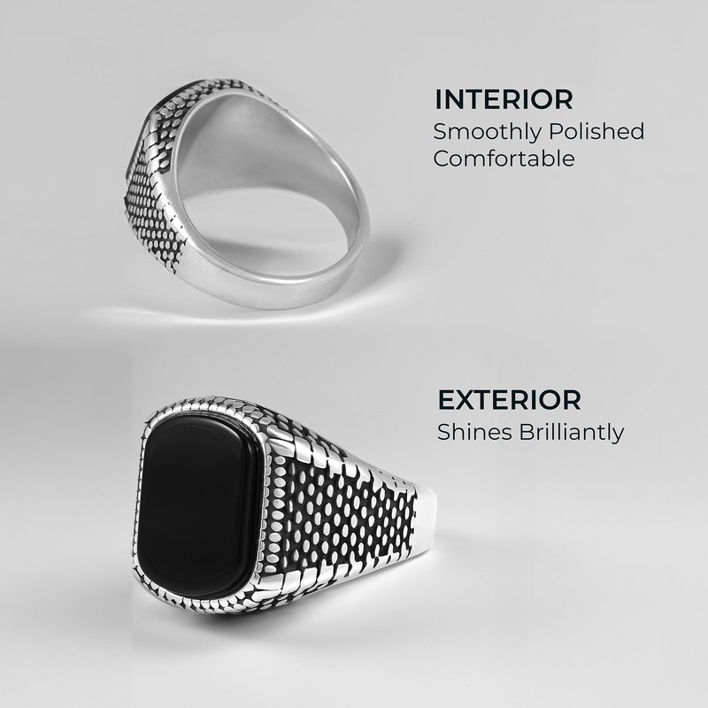Men's Stainless Steel Ring with Black Agate Stone,Textured Band Design