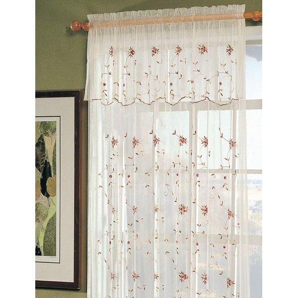 Creative Linens Embroidered Lace Roses Floral Window Curtain Panel with Attached Valance, Beige, One Piece