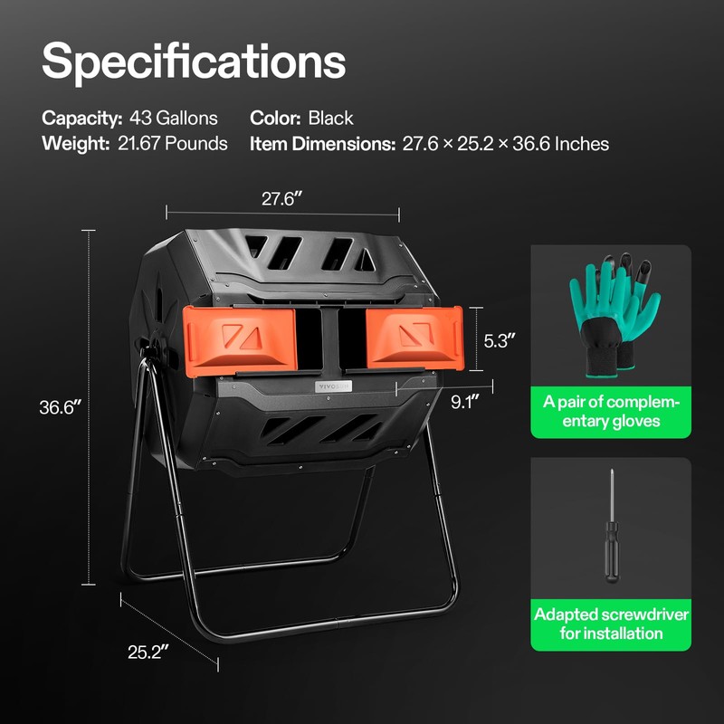 VIVOSUN Outdoor Tumbling Composter Dual Rotating Batch Compost Bin, 43