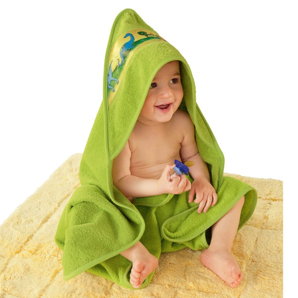 Erwin Müller Walk-terry hooded bath towel with dinosaur motif, green, size 140 x 140 cm, cuddly soft, breathable, very quick drying and absorbent