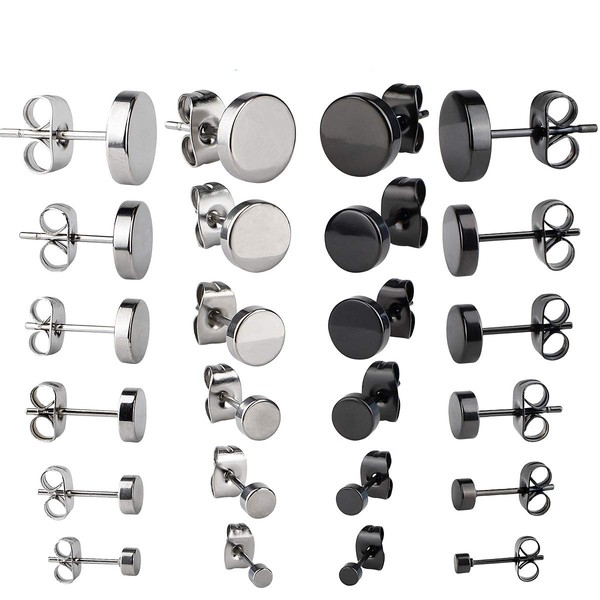Chudian 12 Pairs of Stud Earrings Set Stainless Steel Black