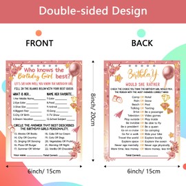 HOMANGA Who Knows The Birthday Girl Best, Birthday Would She Rather, Birthday Game Cards for Teens Kids Girls Sleepover Party - 15x20cm Set of 30 (Pink & Rose, Double-Sided)