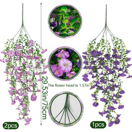 ACRYCS 3 Pcs Artificial Hanging Flowers for Outdoors Morning Glory Artificial Flowers Spring Summer Decoration UV Resistant Purple Faux Flowers for Outdoor Planters Front Door Porch Patio Yard Decor