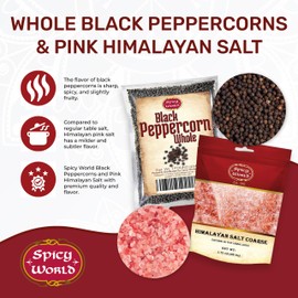 Spicy World Whole Black Peppercorns 16 Oz + Himalayan Pink Salt Coarse 1.75 LB (28 Oz)