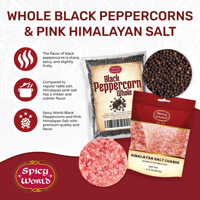 Spicy World Whole Black Peppercorns 16 Oz + Himalayan Pink