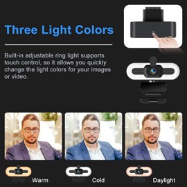 FUMAX 1080P Webcam with Microphone for Desktop, USB PC Laptop Computer Camera with Ring Light & Webcam Cover, 3 Light Colors, 110 Wide Angles View, Plug and Play