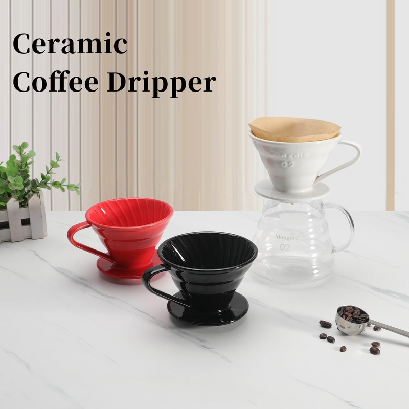 Mongdio V60 Ceramic Pour Over Coffee Dripper, Reusable Porcelain Portable