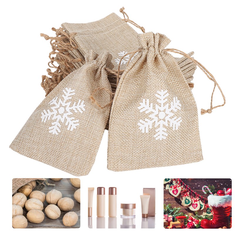 25Pcs Drawstring Bag Like Linen Snow Pattern Gift Bag Christmas