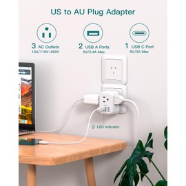 Australia New Zealand Power Plug Adapter, Australia Travel Adapter with 3 American Outlets 3 USB Charging Ports (1 USB C), Type I Plug Adapter for US to Australia, Argentina, China