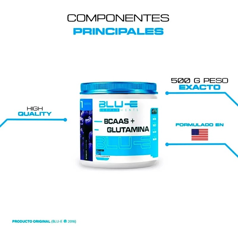 BCAAs Glutamina BLU-E en Polvo Sabor Moras, 500g