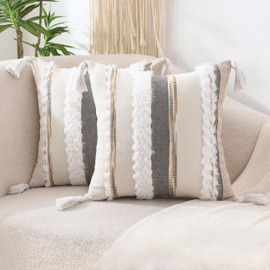 Tosleo Boho Pillow Covers 18x18 Inch Set of 2 with Beige Gray Striped Chenille Throw Pillow Covers Square Decorative Pillowcases Soft White Plush Cushion Covers Farmhouse Decor