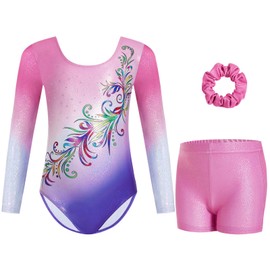 Gogokids Girls' Three-Piece Longsleeve Gymnastics Leotard Set - Kids Gymnastics Outfits with Gradient Sequin Design Includes Leotard, Shorts and Hair Tie, Sparkling Ballet Unitards for Ages 3-12
