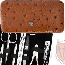 DREI SCHWERTER - Germany Manicure Set 'Sanremo' | High-Quality Manicure Set Nail Set in Faux Leather Case Cognac Ostrich Look | Contents: Nail Scissors, Cuticle Scissors, Nail Clippers and Much More