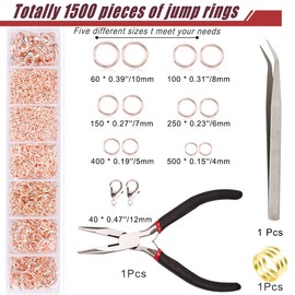 YUGDRUZY Jump Rings for Jewelry Making Kit, 1500 pcs Jewelry Repair Kit for Necklace Bracelet, Lobster Clasps and Closures Repair Supplies Kit with Pliers Tweezers-Rose Gold