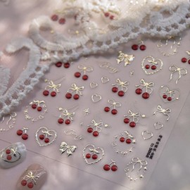 5D Embossed Cherry Nail Stickers for Nail Art Gold Nail Art Stickers Self-Adhesive Cute Cherry with Gold Heart Star Bow Designs Nail Supplies Summer Fruit Nail Decals for Women Girls Acrylic Nails