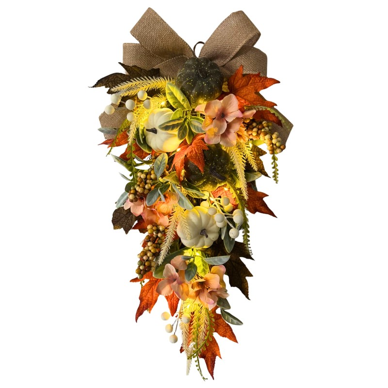 Svndlyn 24 Inch Lighted Fall Teardrop Swag with Timer and
