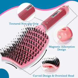 TaiBest Boar Bristle Brush Set - Dry/Wet Detangler for Fine, Thick, Curly Hair - Curved and Vented Brush for Women, Men or Kids (Rose Red & Apricot Pink)