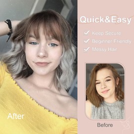 MISSQUEEN Short Ombre Silver Wigs for Women Grey Wavy Bob Wig with Bangs Medium Length Synthetic Hair Water Wave Dark Roots Wig Gray Colorful Wigs