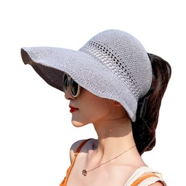 IBLUELOVER Women Sun Visor Wide Brim Sun Hat UV Protection Beach Hat Rollable Foldable Empty Top Cap Ponytail Baseball Cap with Bowknot for Golf Tennis Outdoor Grey