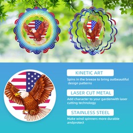 Flag Eagle Wind Spinners 12 Inch 3D Stainless Steel Hanging Kinetic Wind Sculpture Worth Gifts for Women Metal Windmill Decoration for Garden,Patio,Lawn,Yard