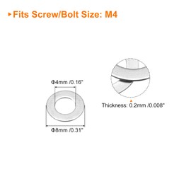sourcing map M4 304 Stainless Steel Flat Washers, 100pcs 4x8x0.2mm Ultra Thin Flat Spacers for Screw Bolt, Electronic Repair, Automotive