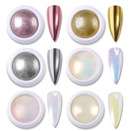 Chrome Nail Powder,Superspiegel-Nagelglitzer, Metal Holo Cromepulver NäGel Gel Pigment Weiß Aurora Glazed Donut Glassy Pearl Nagelpuder, Silver Nagelkunstsalon Diy Design Dekor(6pcs)