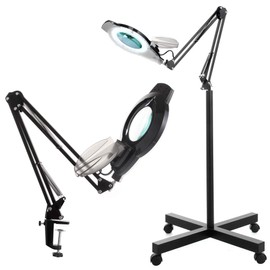 Magniyfing Floor Lamp with 4 Wheel Rolling Base for Estheticians- KIRKAS 2,200 Lumens Super LED Magnifier Lighted Glass Lens, Adjustable Stand & Swivel Arm Floor Lamp for Reading, Crafts, Tasks- Black