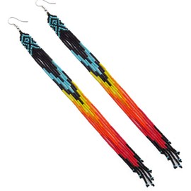 One of a kind Tribal Extra Long Beaded Earrings Handmade (Black Blue Fire)