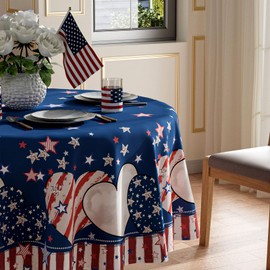 XCHI Stripe Stars Love Heart America Patriotic 4th of July Memorial Day Independence Day Tablecloth Round Washable Table Covers for Home Party Decorations 60x60 Inch