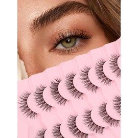 Lashes Natural Wispy Eyelashes 15mm Strip Lashes Pack False Eyelashes 0.1MM Thin Band C Curl Eye Lashes 3D Volume False Eyelashes Siligli Lashes 7 Pair