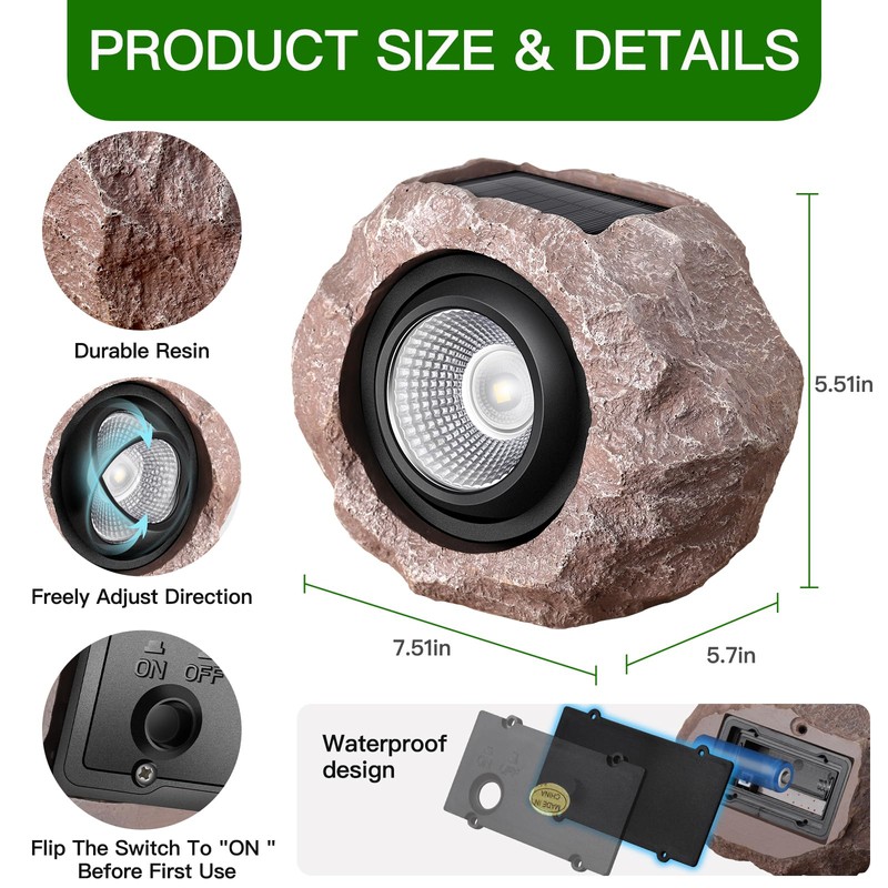 Timeflies Solar Rock Lights Outdoor, 1 Pack Super Bright Solar