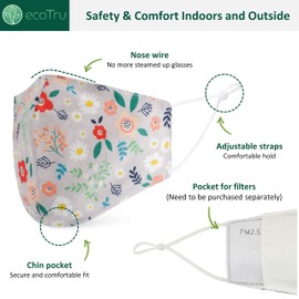 ecotru 5 Pack 100% Cotton, Reusable Face Masks UK | Washable, Nose Wire for Glass Wearers, 3-Ply Fabric Mask, Filter Pocket & Adjustable Straps | Pretty Facemask Coverings