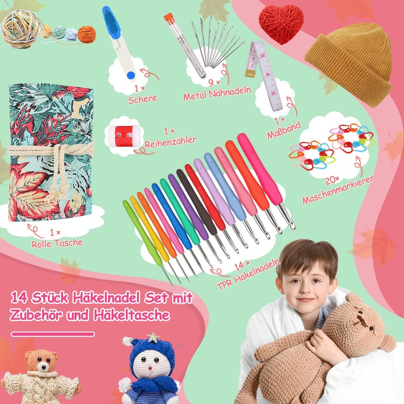 Coopay Crochet Hook Set with Roll Bag, 14 Pieces Ergonomic