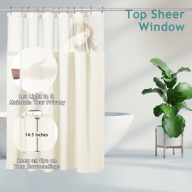 3-in-1 Shower Curtain Set, 72" x 72" Waffle Texture Shower Curtain with Mesh Top Window, 12 Double-Sided Stainless Steel Anti-Slip Hooks & Waterproof PEVA Liner, All Pieces Sized to Fit (Beige)