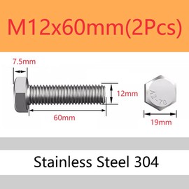 ORANXIN M12 x 60mm 2 Pcs Hex Bolts Stainless Steel 304 Hex Cap Screws Hexagonal Head Bolt Machine Screw Metric Fasteners