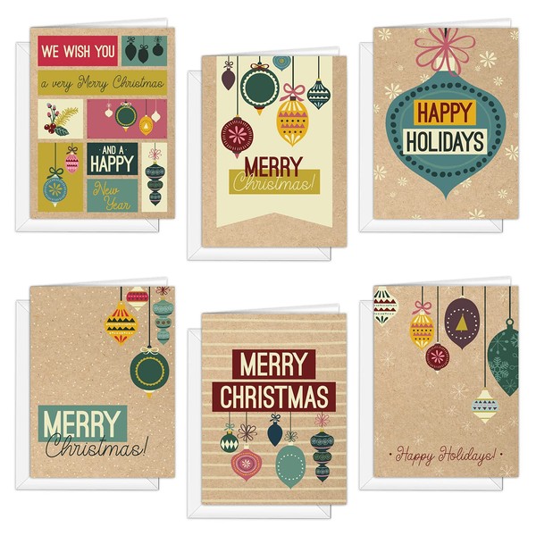 Retro Ornaments Holiday Cards / 4 5/8" x 6 1/4" Faux Kraft Card Pack / 24 Christmas Cards With White Envelopes / 6 Ornament Designs
