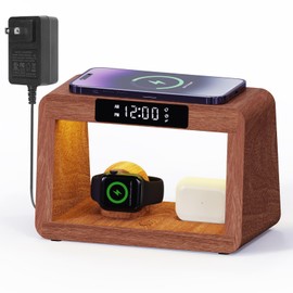 HQOBZX Wooden Bedside Table Lamp with Wireless Charging Station, LED Clock Display, 3 Night Light Modes, Bamboo