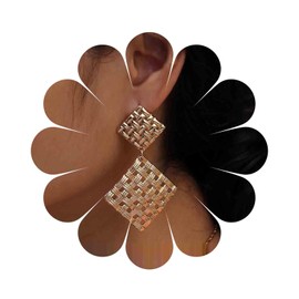 Cimenexe Bohemian Hammered Square Drop Earrings Gold Textured Square Stud Earrings Large Double Square Earrings Dangle Punk Statement Earrings Jewellery for Women and Women, Zinc, No Gemstone