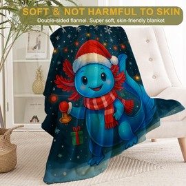 ainori Christmas Decorative Blanket, Cute Blue Axolotl with Santa Hat Print Throw Decoration, Soft Flannel Winter Blankets for Couch Bed Sofa, Holiday Home Decor, Xmas Festival Gifts 50x60 Inch