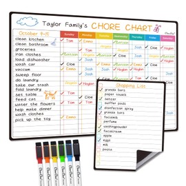 Magnetic Dry Erase Chore Chart - 14.5"x11" Chore Chart for Kids, Teens and Adults - 6.5"x8.5" List Board for Fridge - 6 Extra Fine Point Markers Included - Shipped Flat