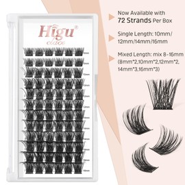 Eyelash Clusters, DIY Eyelash Extensions, 72 Pieces, D Curl, 12 mm Cluster Eyelash Extensions, Thin Stem Cluster Eyelashes, Individual Eyelash Clusters, Eyelashes, Wishes, Reusable (H-02 D Curl 12 mm)