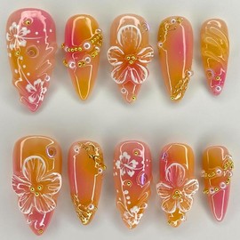 Mkwntg 24Pcs Flower Press on Nails Medium Almond Fake Nails with 3D Floral Pearl Charms Design Orange Red Gradient Full Cover False Nails Cute Spring Summer Glue on Nails Stick on Nails for Women