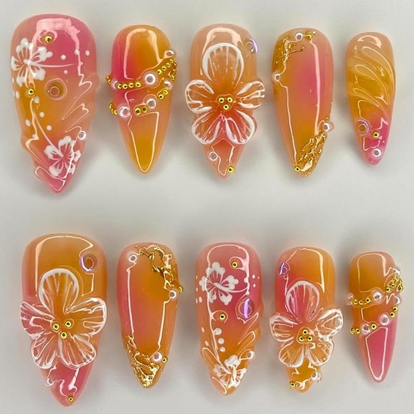 Mkwntg 24Pcs Flower Press on Nails Medium Almond Fake Nails