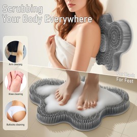 Shower Foot Scrubber Mat Silicone Back Exfoliating Cleaner, Feet Message Bath Washer Pad with Suction Cups for Wall Non-Slip - Itchy Toes Dead Skin Beauty Deep Clean Soft Bristles 14.2 * 11.2in Grey
