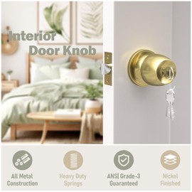 Voraus Keyed Entry Door Knob with Lock and Key,Round Ball Locking Door Knob, Interior and Exterior Door Lock Set for Bedrooms, Bathrooms and Home Use, Polished Brass, 10 Pack